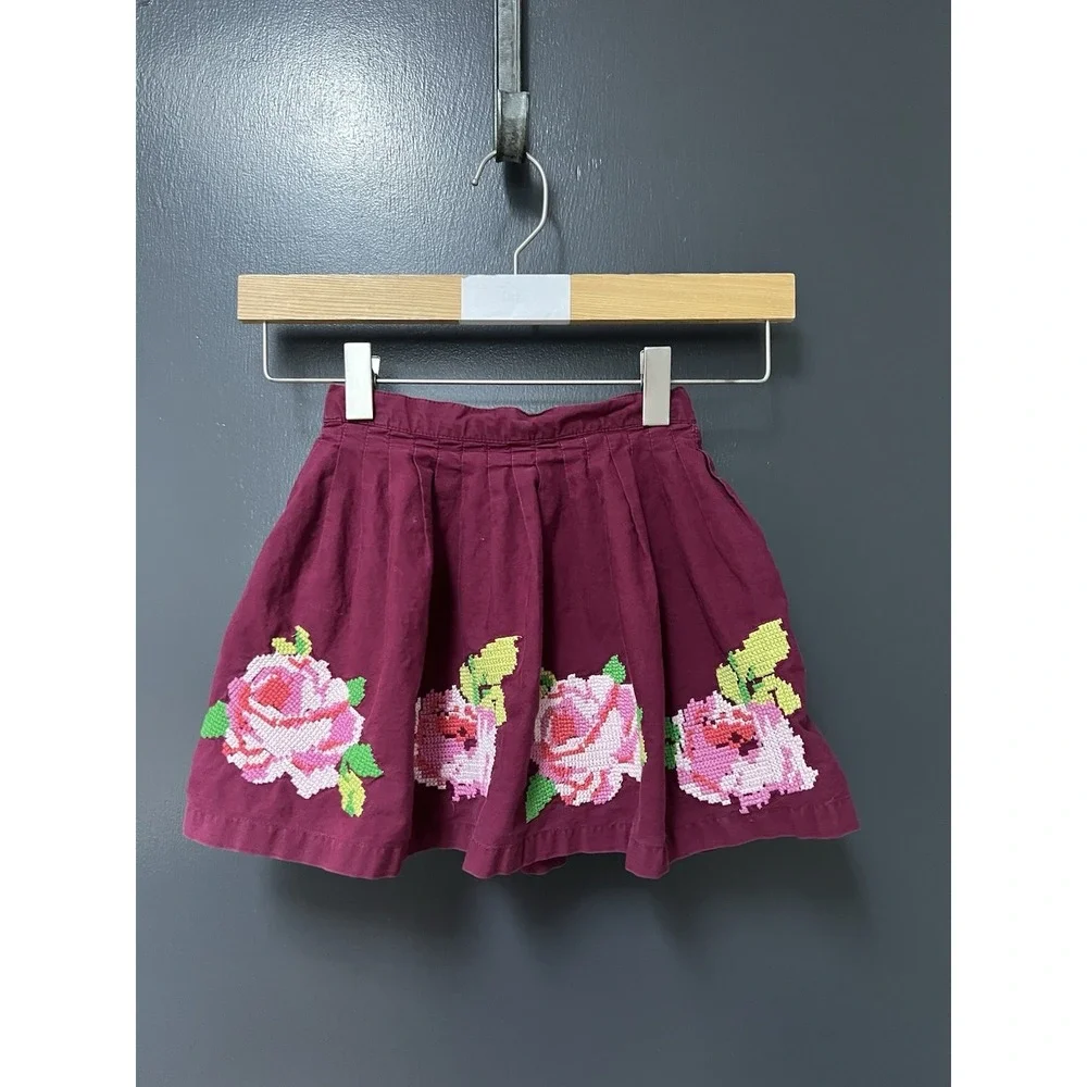 Mini Boden Sz 3-4Y Floral Maroon Purple Skirt Girls